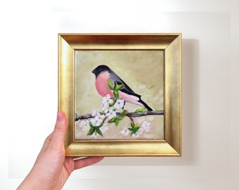 Pinl Chickadee Bird, 7.5x7.5 Inches  Signed Original Oil Painting, Gold Framed Miniature Art, Impasto Bird Artwork for Vintage Home Decor