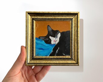 Original Sleeping Cat Oil Painting on Canvas, Tuxedo Cat Wall Art, Cat Lover Gifts