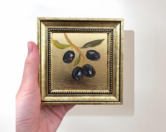 Olive Painting on Gold Leaf, 4x4 Inch Original Small Framed Wall Art