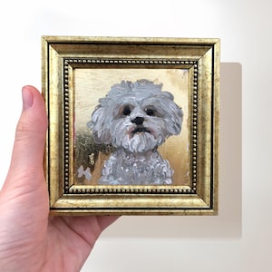 White Maltese Painting on Gold Leaf, 4x4 Inch Original Signed Miniature Framed Art, Cute Dog Art in Vintage Gold Frame, Artistic Gifts