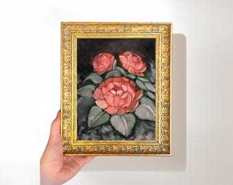 Dark Pink Roses Painting on Canvas , Original Moody Floral Wall Art