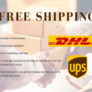 Op de afbeelding: Afbeelding van gestapelde kartonnen dozen met de tekst "FREE SHIPPING" bovenaan. De DHL- en UPS-logo's zijn zichtbaar. Opsommingstekens vermelden "STURDY PACKAGING", "TRACKING NUMBER" en "FAST SHIPPING OPTION".