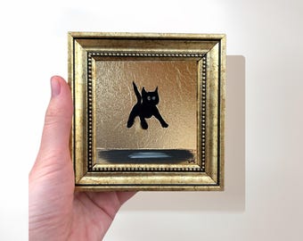 Flying Kitten Painting in Gold Frame, 4x4 Inch Original Wall Art- Funny Christmas Gift