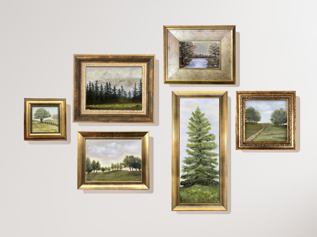 Original Oil Painting Forest Landscape; 6 Pieces Vintage Gold Framed ...