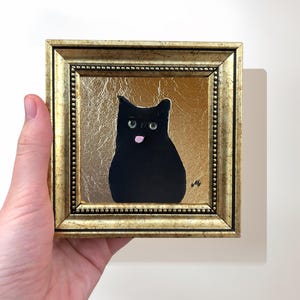 Funny Black Cat Tongue Painting, Original Framed Wall Art, Signed