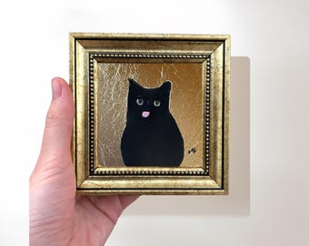 Funny Black Cat Tongue Painting, Original Framed Wall Art, Signed