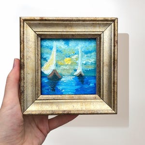 Seascape Sailboat Painting 5x5 Inches Original Miniature Signed By Artist, Small Framed Coastal Decor, Peaceful Wall Art for Living Room