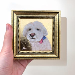 Cute Maltese Painting on Gold Leaf, 4x4 Inch Original Signed Miniature Framed Art, Cute Dog Art in Vintage Gold Frame, Gift for Her