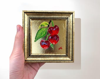 Kersenschilderij op bladgoud; 4 x 4 inch miniatuur ingelijste kunst, keukenmuurdecoratie
