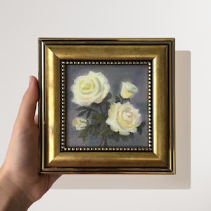 Somber White Rose Canvas Painting - Signed Rose Wall Art in a 5x5 Inch Frame