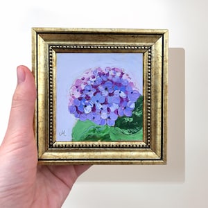 Purple Hydrangea Impasto Painting on Canvas, 4x4 Inch Original Signed Miniature Art, Living Room Decor, Hydrangea Wall Art