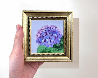 Purple Hydrangea Impasto Painting on Canvas: 4x4 Inch Original Signed Miniature Art