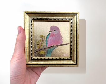 Cute Pink Bird Painting on Gold Leaf, Original Miniature Framed Oil Painting, 4x4 Inch Vintage Gold Framed Bird Art, Cute Animal Painting
