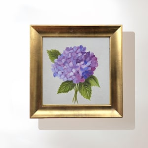 Aesthetic Pink Hydrangea Painting on Canvas, 7.5x7.5 Inches Original Signed Framed Artwork, Wall Art for Living Room, Pink Hydrangea Decor