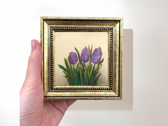 Purple Tulips Painting on Canvas: 4x4 Inch Gold Framed Wall Art
