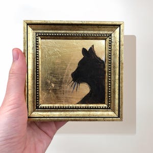 Black Cat Silhouette Painting On Gold Leaf, 4x4 Inch Original Signed Miniature Framed Art, Black Cat in Vintage Gold Frame, Artistic Gifts