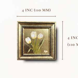 White Tulips Gold Leaf Painting, Original Signed Miniature Framed Art image 5