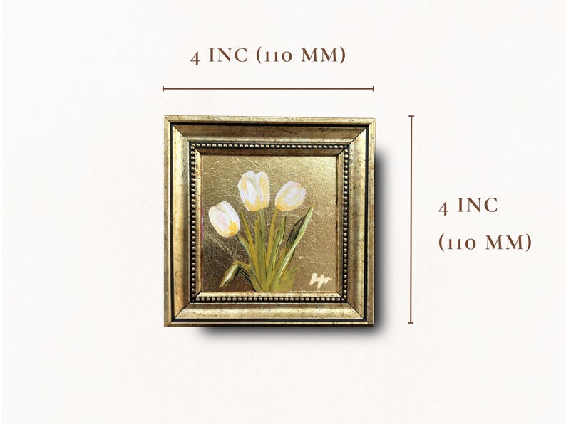 White Tulips Gold Leaf Painting, Original Signed Miniature Framed Art image 5