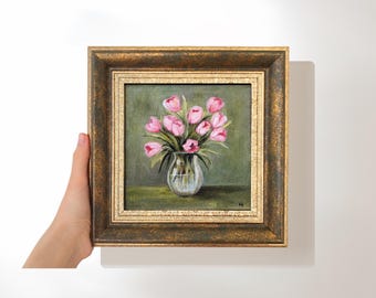 Pink Tulips in Vase Oil Painting, Original Still Life Art (9x9 inch)