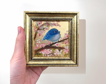 Little Bird Perched on a Flower Branch Painting on Gold Leaf, Original Miniature Framed Oil Painting, 4x4 Inch Vintage Gold Framed Bird Art