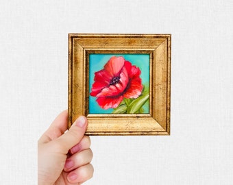 Red Flower Painting, Tiny Oil painting, Original 5x5 Inc Gold Framed, Mother's Day Gift, Gift for Her