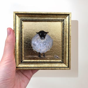 Gold Leaf Sheep Painting, 4x4 Framed Miniature Art, Signed Original