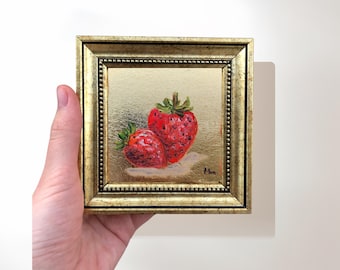 Erdbeeren Gemälde auf Blattgold, 4 x 4 Zoll gerahmte Wandkunst, Küchen-Wanddekoration