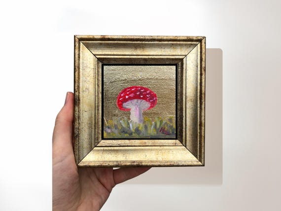 Mushroom Painting on Canvas, 5x5 Inch Original Framed Art, Eclectic Wall Art