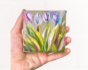 Tulips Painting Original, Oil Painting on Canvas, Tiny 8x8 cm, Floral Art Paint, Mother's Day Gifts