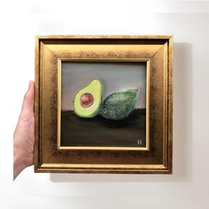 Avocado Painting, 9x9 Inches Original Signed Art, Gold Framed Still Life Kitchen Wall Art Decor