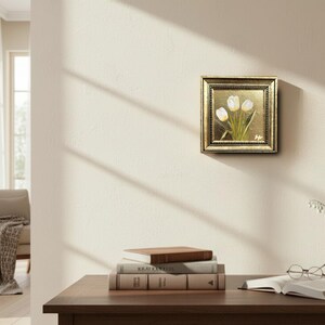 White Tulips Gold Leaf Painting, Original Signed Miniature Framed Art image 4