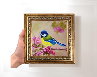 Chickadee Vogelmalerei, Vintage Goldrahmen, Eklektische Wandkunst, 18x18 Acrylbilder