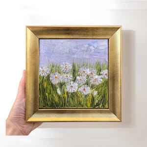 Charming Daisy Field Painting, 7.5x7.5 Original Signed By Artist, Colorful Impasto Wildflower Art, Authentic Floral Painting in Gold Frame