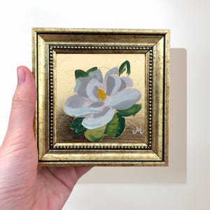 Magnolia Painting on Gold Leaf, 4x4 Inch Original Signed Miniature Art, Tiny Oil painting in Gold Frame, Small Botanical Wall Art