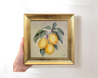 Original Lemon Tree Oil Painting; 7x7 Inch Vintage Framed Art, Kitchen Wall Decor