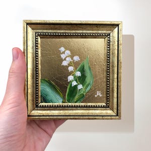Lily of the Valley Painting on Gold Leaf, 4x4 Inch Original Signed Miniature Art, Gift for Bride, Small Wedding Gift