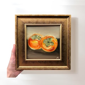 Original Signed Canvas Painting of Persimmon: 9x9 Inches Gold Framed Fruit Wall Art, Autumn Wall Decor for the Kitchen