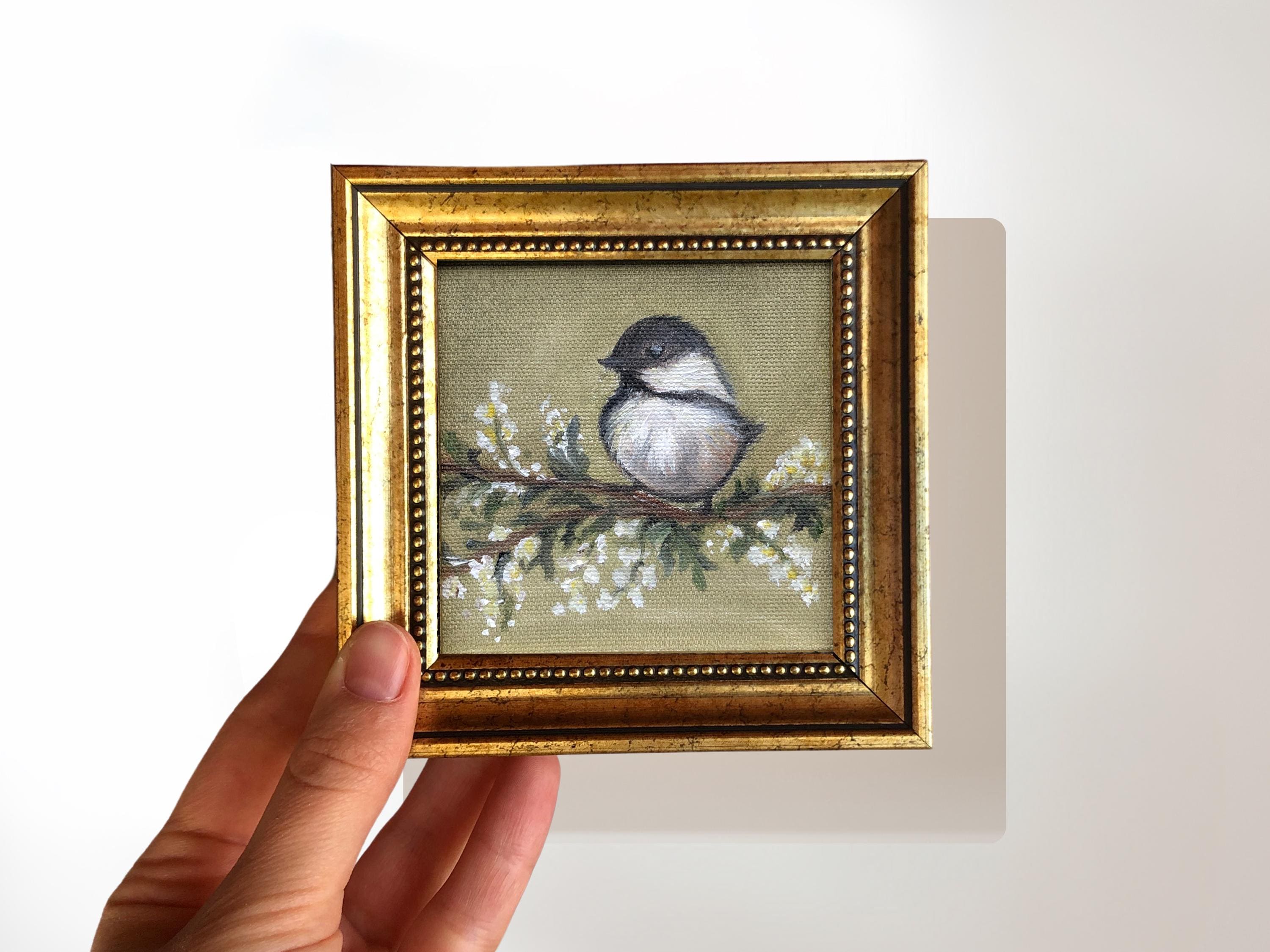 Chickadee Bird Miniature Oil Painting, Signed Framed Art, Cute Animal Painting, Eclectic Gallery Set For Coquette Room Decor