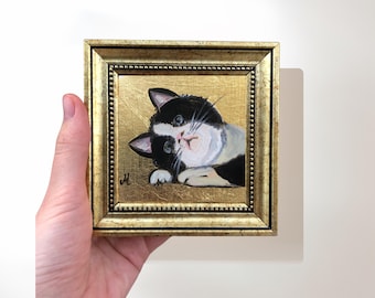 Tuxedo Cat Painting on Gold Leaf; Original Framed Art, Cat Wall Decor