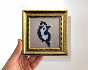 Tuxedo cat is Lying on the Floor; 4x4 Original Cat Wall Art, Cat Lover Gift