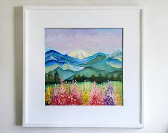 Colorful Mountains and Flowers, Small Oil Painting Wall Art, 15x15 cm Original Canvas, Mother's Day Gift