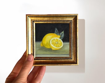Original Lemon Oil Painting, 5x5 Inch Signed Vintage Framed Art, Kitchen Wall Art