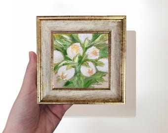 Original Oil Painting White Tulips, Mini Floral Art, Vintage Style Wall Decor