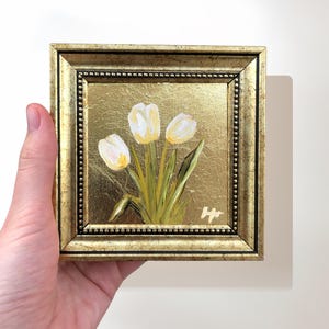 White Tulips Gold Leaf Painting, Original Signed Miniature Framed Art