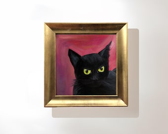 Original Black Cat Painting on Canvas; Custom Pet Portrait Gold Framed Wall Art