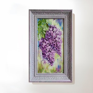 Purple Lilac Painting on Canvas, 15x9 Inch Original Signed Vertical Art, Lilac Oil painting in Vintage Ornate Frame, Purple Floral Wall Art