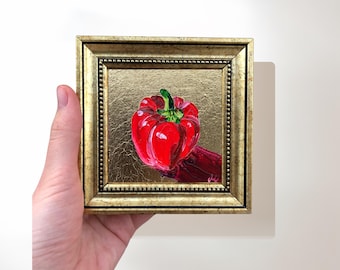 Rode peper schilderij op bladgoud, 4 x 4 originele vintage ingelijste kunst, keuken wanddecoratie