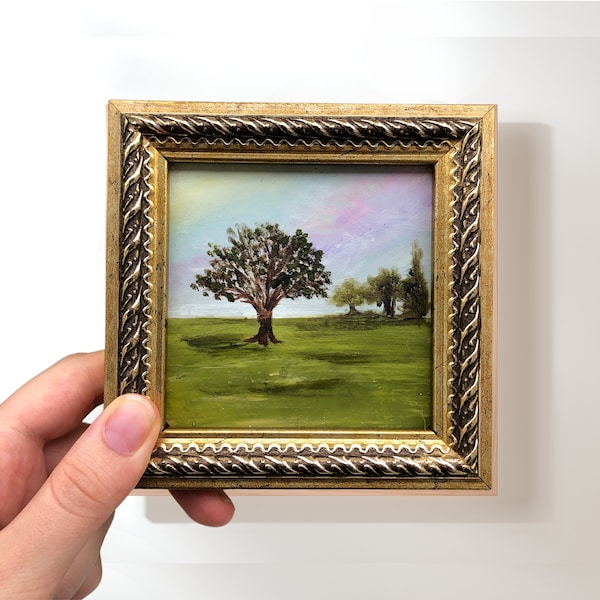 Miniature Nature Landscape Painting, 4x4 Small Framed Wall Art