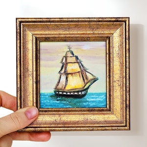Nautical Charm: Mini Sailboat Painting and Pirate Decor, Fine Art for Ocean Enthusiasts, Signed By The Artist, Small Framed Art, Artsy Gifts