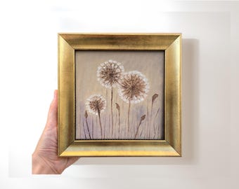Dandelion Painting on Canvas - 7.5x7.5 Artist Signed Abstract Wildflower Art